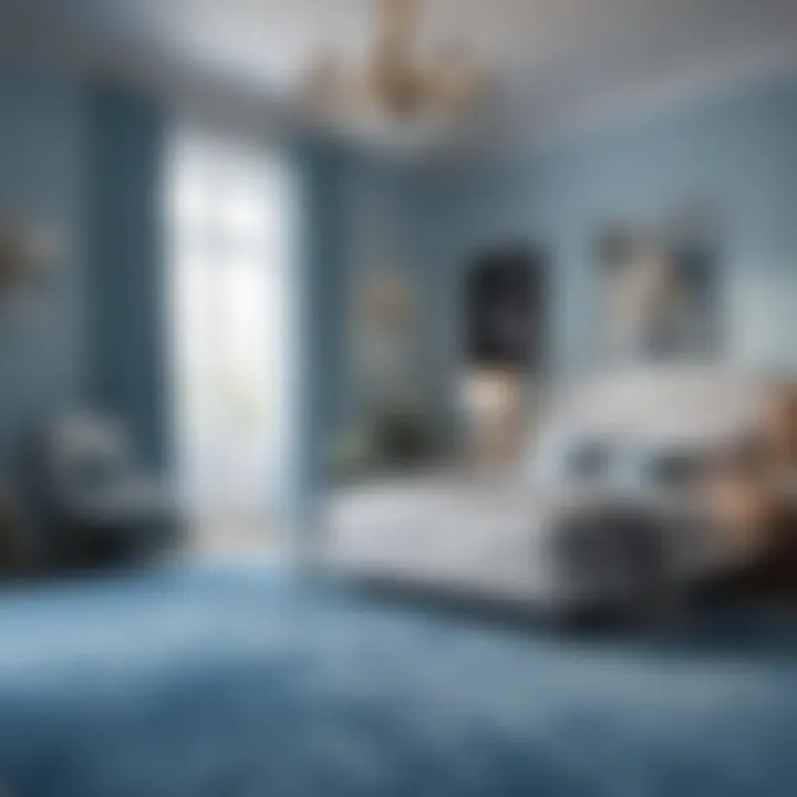 Stylish room featuring a light blue carpet harmonizing with vibrant decor.