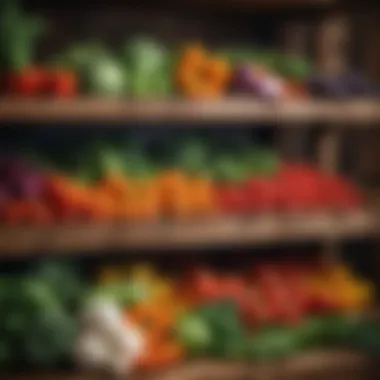 Organized display of colorful vegetables on a wooden rack