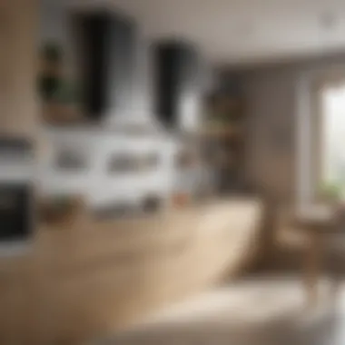 Modern kitchen featuring a wooden vegetable rack