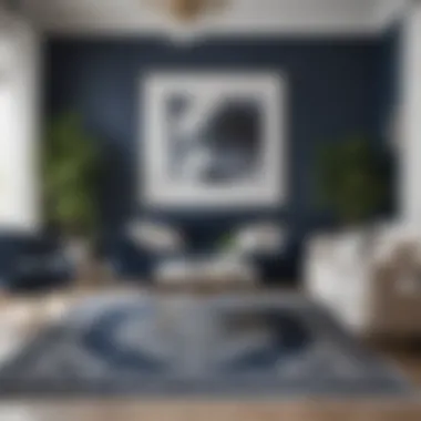 Living room with navy and white rug enhancing decor