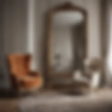 Vintage-style floor mirror positioned beside a luxurious armchair.