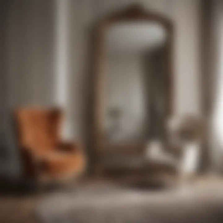Vintage-style floor mirror positioned beside a luxurious armchair.