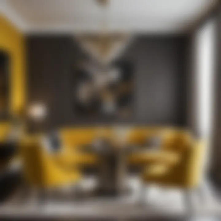 Chic dining area complemented by a mustard yellow sofa