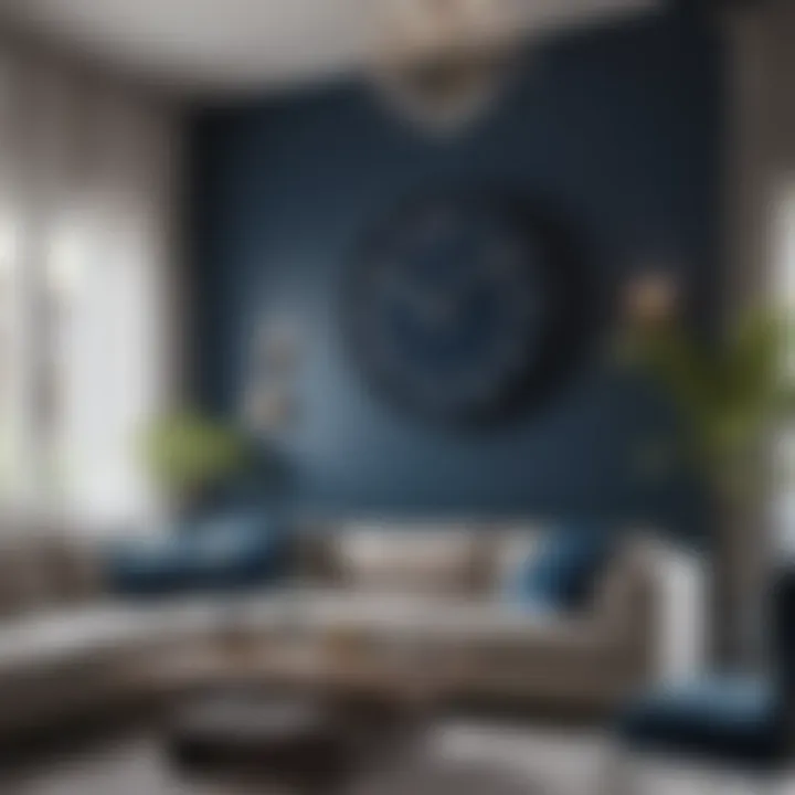 Elegant dark blue wall clock in a modern living room setting