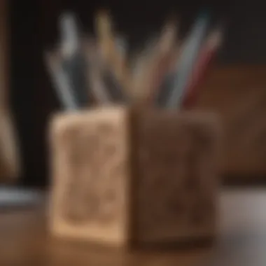 Close-up of a handcrafted wooden pencil holder displaying fine craftsmanship