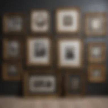 Various large frames made from different materials displayed on a wall.